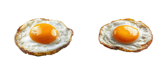 Two fried eggs with runny yolk on black background, cut out transparent