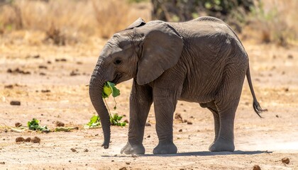 Fototapeta premium Young Elephant Calf Feeding in African Savanna