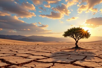 create a digital artwork featuring a cracked desert landscape under a morning sky, on the right side of the image, place a solitary tree with plenty of empty space on its left