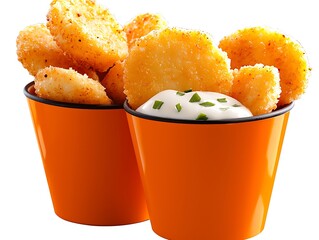 Crispy fried bites in orange buckets with dipping sauce