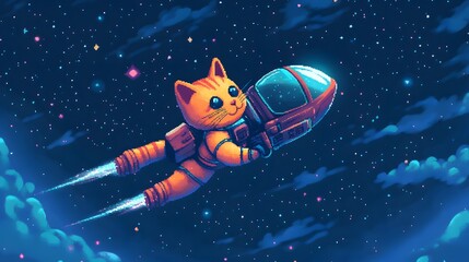 Fototapeta premium Charming pixel art of a cat astronaut floating in space with a tiny spaceship and stars twinkling in the background