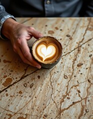 create a photo of a man holding a rustic cappuccino cup on a warm ivory table surface at the top with copy space at the bottom