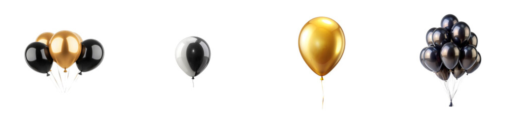 Party balloons collection with gold, black and silver colors, cut out transparent