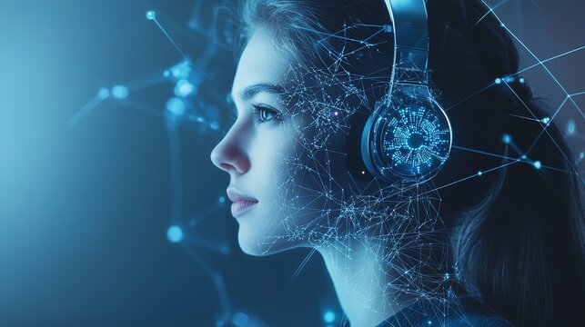 Futuristic Woman with a Digital Headset, Blending Technology and Human Interaction. Symbolizing Innovation in Communication and AI Call Center Concept.