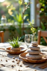 create a rustic table setting with a pile of stones as a centerpiece in an airy pastel style, position the subject on the right under the sunlit sparkle