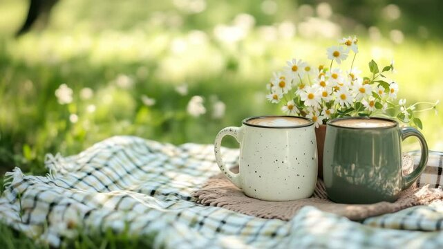 Two coffee mugs and daisy flowers enjoying a relaxing sunny picnic in nature