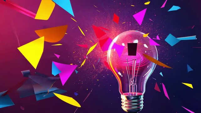Vibrant light bulb explosion surrounded by colorful geometric shapes and confetti, showcasing creativity and innovation, evokes excitement and inspiration in dynamic design.