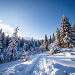 capture the serene beauty of a finnish winter forest landscape in a visually striking position
