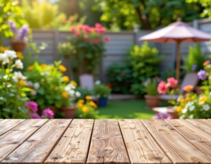 Fototapeta premium create an exuberant and bright photo of a wooden table top with a blurred garden background, place a clear subject on the left side of the image with ample copy space to the right