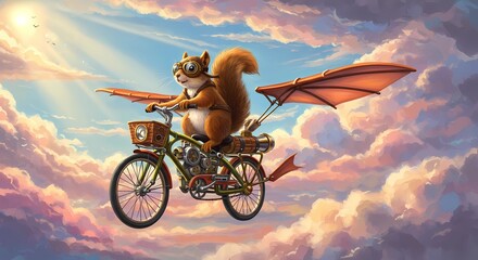 Whimsical Steampunk Squirrel Flying a Propeller Bicycle in Sky