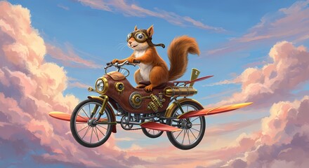 Whimsical Steampunk Squirrel Flying a Propeller Bicycle in Sky