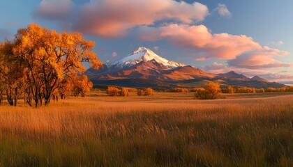 Fototapeta premium Autumn mountain landscape, golden meadow, snow-capped peak