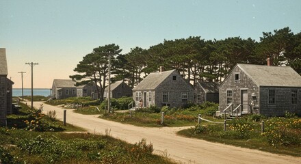 Coastal cottages, road, trees, horizon