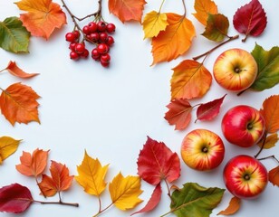 title: seasonal harvest subject: colorful autumn leaves, redcurrants, and apples arranged on a white background, keywords: autumn, leaves, colors, fruits, still life, harvest