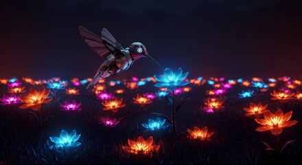 Futuristic Robotic Hummingbird Hovering Over Luminous Neon Flowers