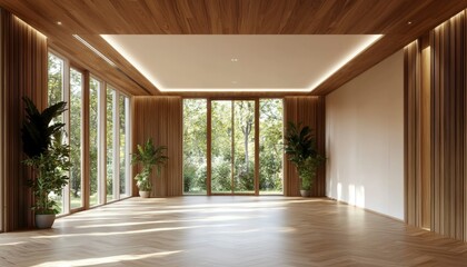 Obraz premium Modern empty room with hardwood floors and large windows