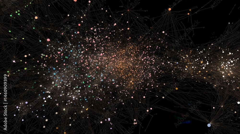 Poster abstract network design with vibrant particle clusters.