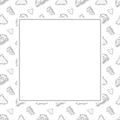 Food frame. doodle fast food square frame. hand drawn food and beverage frame background. food background