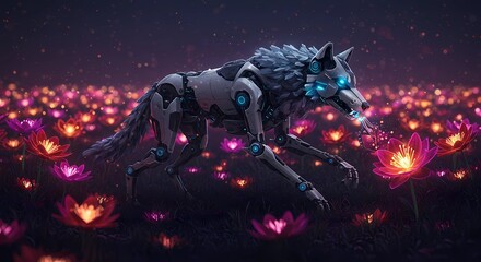 Cybernetic Wolf in a Field of Luminous Flowers at Night