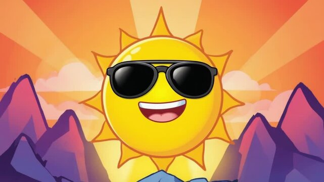 Cartoon-style sun wearing sunglasses rising behind distant mountains on a glowing background Camera Movement Slow upward camera lift from ground to sky