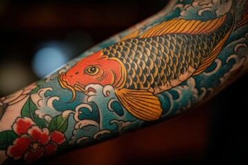 Colorful koi fish tattoo design on a forearm.