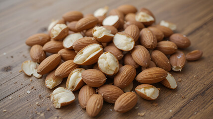 peeled almonds on wooden surface