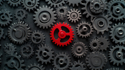 Complex gears interlock, a red gear stands out
