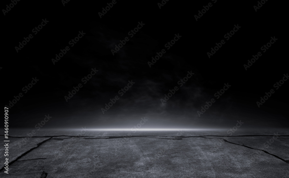 Wall mural 3d rendering abstract crack asphalt light in a dark empty street lightning.