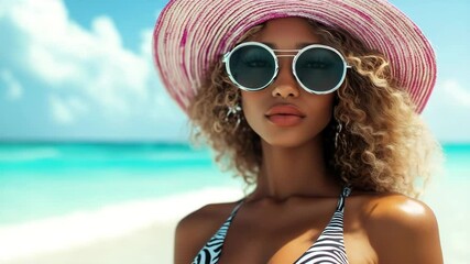 Model in a pink hat and sunglasses poses on the beach - Powered by Adobe