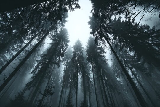 Misty forest canopy view