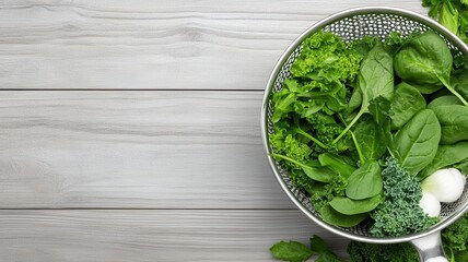 Obraz premium Fresh Green Vegetables: Spinach, Kale, Parsley in Colander parsley green fresh colander vegetables