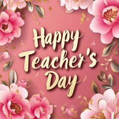 Happy Teacher's Day Floral Background with Pink Flowers and Gold Text