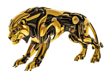 Golden robotic feline prowling, machinery visible, cutout transparent