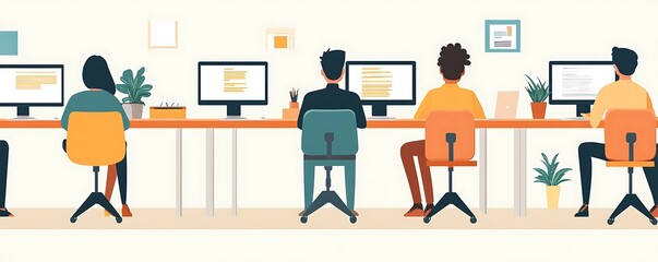 Coworkers at long computer desks