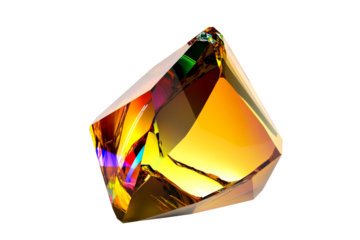 Golden faceted crystal, geometric gemstone shape, cut out transparent