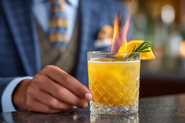 Bartender ignites orange peel over classic old fashioned cocktail creating sparks. Dark moody bar setting enhances vibrant drink presentation. Concept of mixology, bars, nightlife