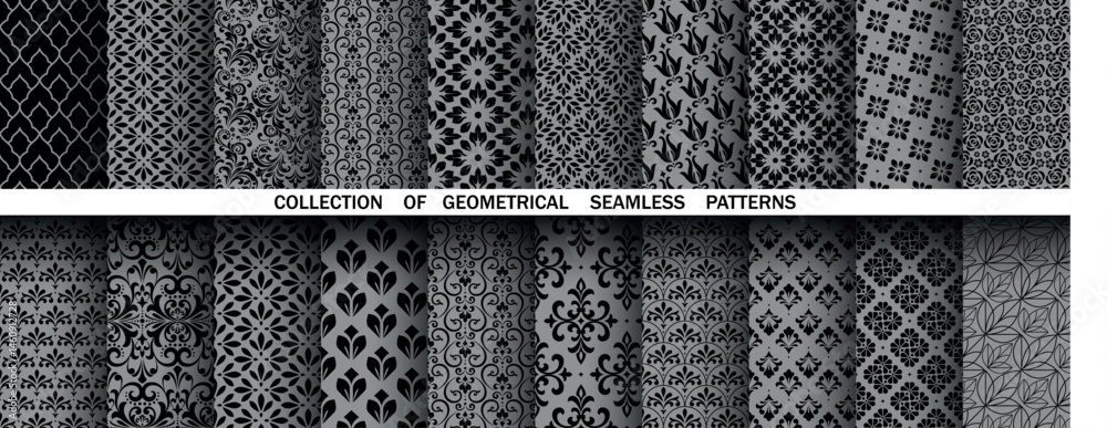 Poster geometric floral set of seamless patterns. gray and black vector backgrounds. damask graphic ornamen