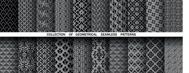 Geometric floral set of seamless patterns. Gray and black vector backgrounds. Damask graphic ornaments