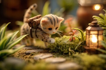Obraz premium A miniature feline explorer investigating a small plant.