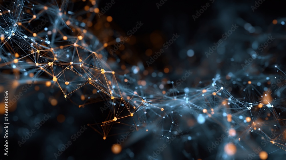 Poster complex network of interconnected nodes and lines with futuristic aesthetic