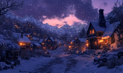 artistic depiction of a snowy mountain village at dusk, with glowing lanterns lighting cobblestone streets, Generative AI