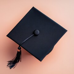 Graduation cap close up studio shot on peach background representing academic achievement and success in education