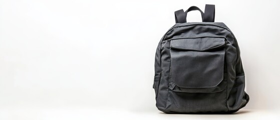 Fototapeta premium Simple Gray Backpack Isolated on White Background Studio Shot Close Up Front View Minimalist Style School Bag Travel Bag Daypack