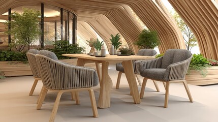 Obraz premium Modern Minimalist Dining Room Wooden Table Chairs Plants Loft Interior