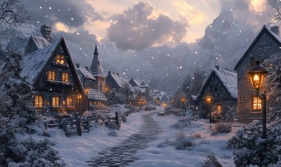 artistic depiction of a snowy mountain village at dusk, with glowing lanterns lighting cobblestone streets, Generative AI
