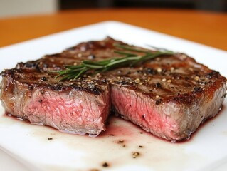 Juicy Grilled Steak Cut on White Plate Close Up Delicious Food Photography Rosemary Garnish Gourmet Meal