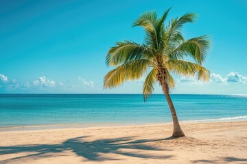 Fototapeta premium Tropical beach scene with a lone palm tree. Sunny day