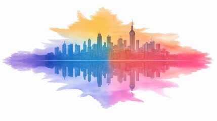 Obraz premium Cityscape Watercolor Reflection Modern Urban Skyline Minimalist Design