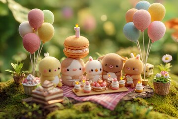 Miniature party scene with pastel decorations.