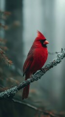 Vivid red cardinal perched on a branch in a misty forest.